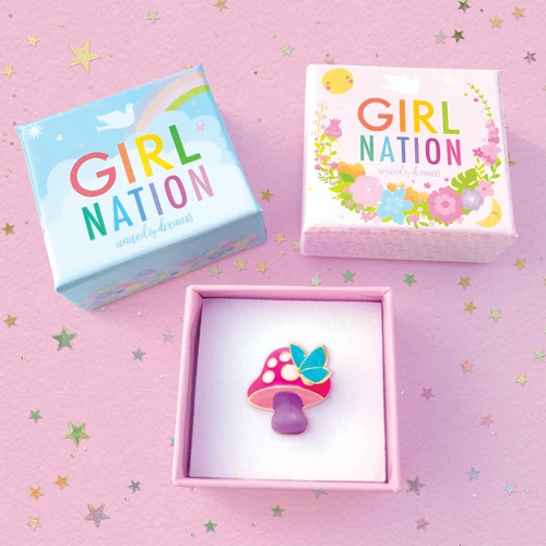 Girl Nation Mushroom Meadow ring with colorful jewelry gift box