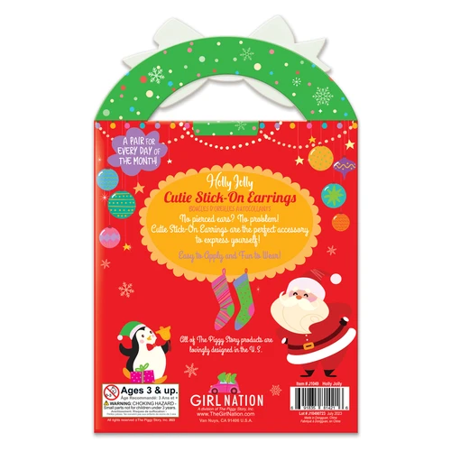 Back of Girl Nation Holly Jolly Cutie Stick-On Earrings package with product details and instructions
