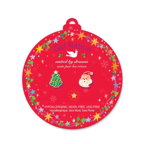 Santa and Christmas Tree Mix & Match Stud Earrings displayed on Girl Nation holiday ornament card