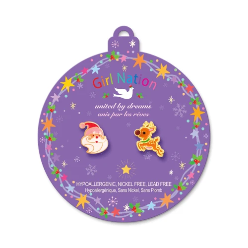 Santa and Reindeer Mix & Match Stud Earrings displayed on purple Girl Nation Christmas ornament card