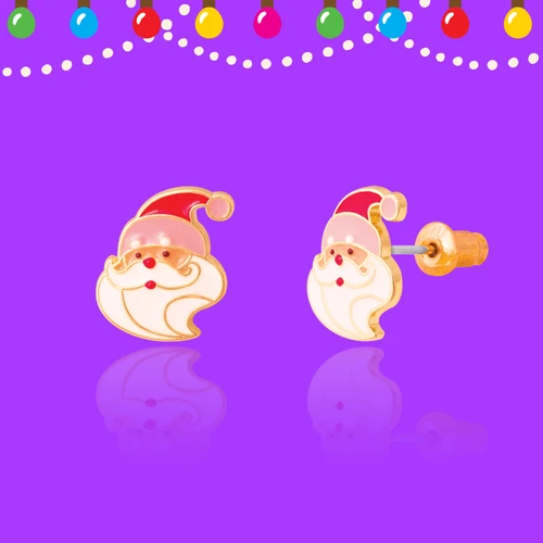 Front and side views of Santa Claus stud earrings showing gold-tone finish and earring post