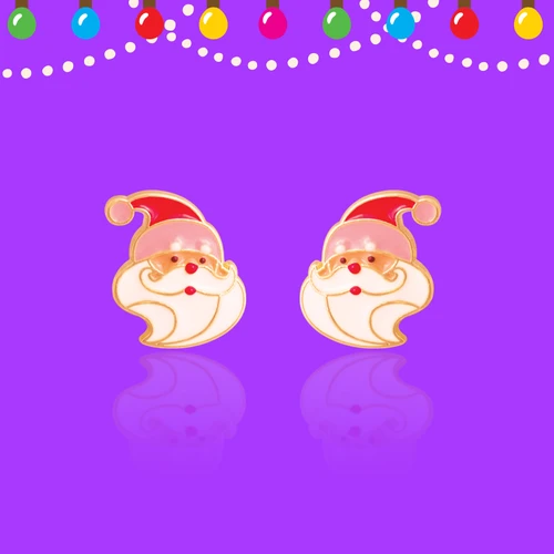 Pair of Girl Nation Santa Claus stud earrings with colorful hand-painted enamel on purple background