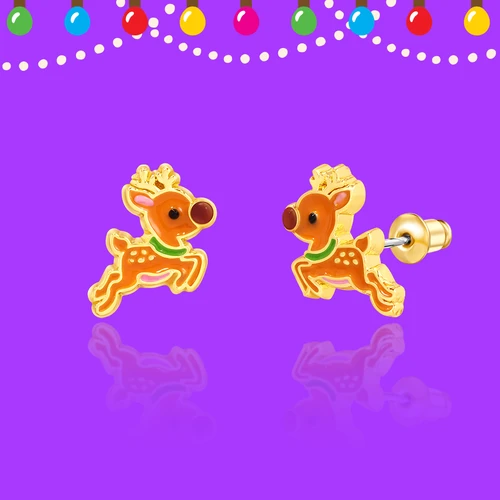Front and side views of reindeer stud earrings showing gold-tone finish and earring post
