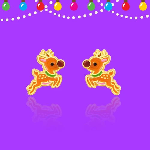 Pair of Girl Nation Christmas reindeer stud earrings with hand-painted enamel on purple background