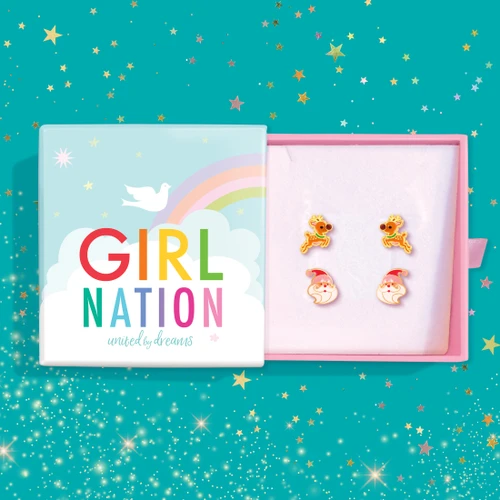 Girl Nation Santa & Reindeer 2-Pair Stud Earring Gift Set with four Christmas earrings in one jewelry gift box