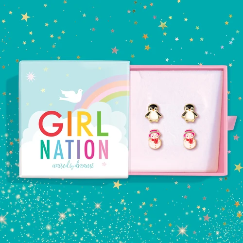Girl Nation Delightful Duet Penguin & Snowman Stud Earring Gift Set with two pairs of holiday earrings in a jewelry gift box