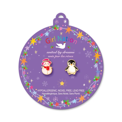 Snowman and Penguin Mix & Match Stud Earrings displayed on Girl Nation Christmas ornament card