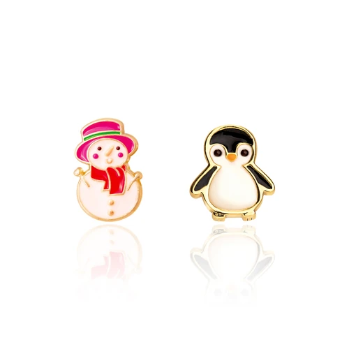 Snowman and Penguin stud earrings with gold-tone outlines and colorful winter details on white background