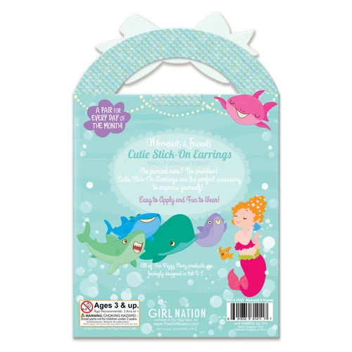 Back of Girl Nation Mermaids & Friends Stick-On Earrings gift package