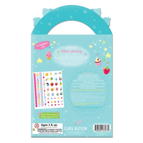 Back of Girl Nation Cutie Pop Tattoo Jewelry packaging with instructions