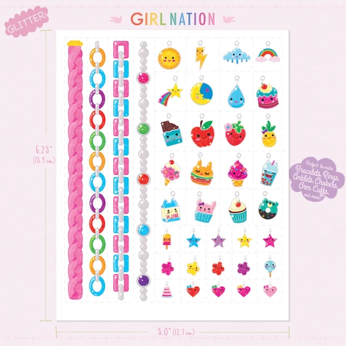 Cutie Pop Tattoo Jewelry sheet with glitter chains and charms