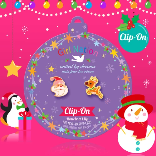 Girl Nation Santa & Reindeer Perfect Pair Clip-On Earrings on festive Christmas ornament card