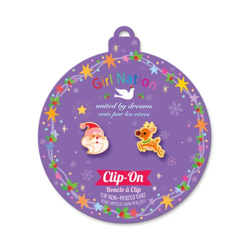 Santa and Reindeer Mix & Match Clip-On Earrings displayed on purple Girl Nation Christmas ornament card