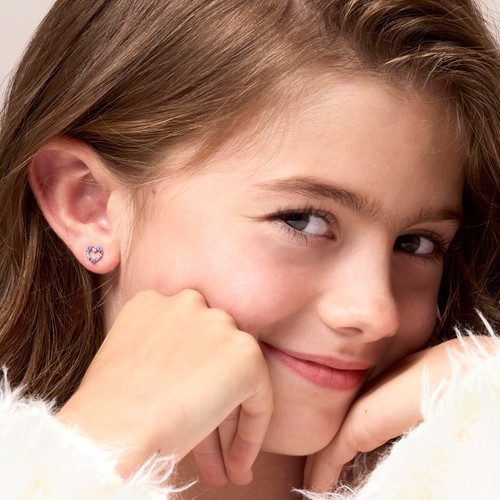Sterling Silver Heart Earrings with Multi-Colored CZ on Model