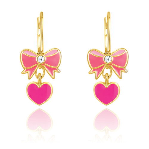 Pink Heart and Bow Leverback Earrings