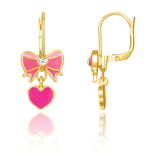 Pink Heart and Bow Leverback Earrings side view