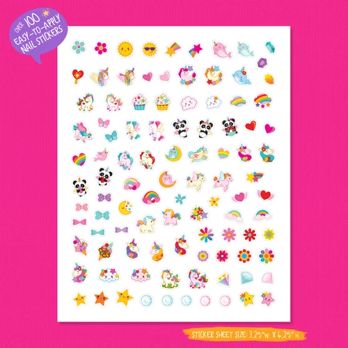Believe in Magic nail sticker sheet with unicorns, rainbows, pandas and magical designs