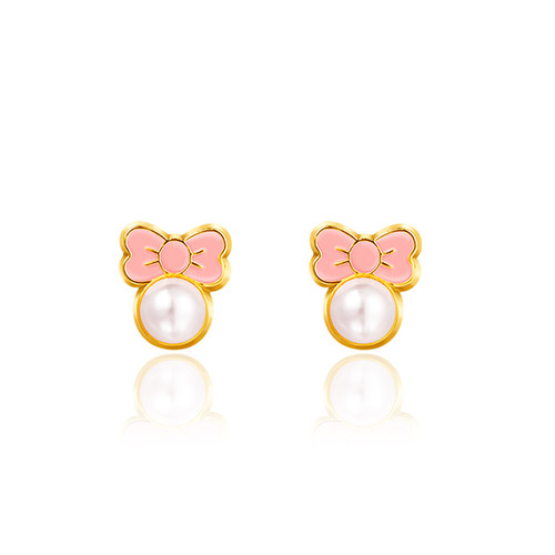 Pink Bow Stud Earrings with Pearl Accent