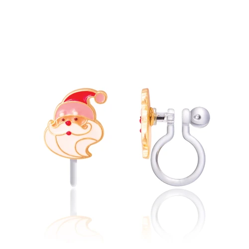 Girl Nation Santa Claus clip-on earrings showing hand-painted enamel details and transparent silicone clip
