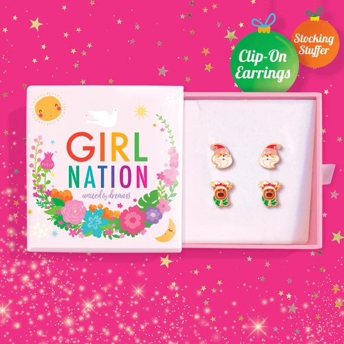 Girl Nation Santa & Reindeer 2-Pair Clip-On Earring Gift Set with four Christmas earrings in one jewelry gift box