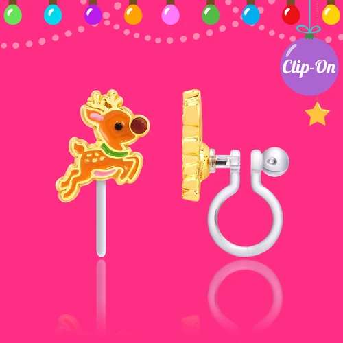 Girl Nation reindeer clip-on earring with front and side views for non-pierced ears