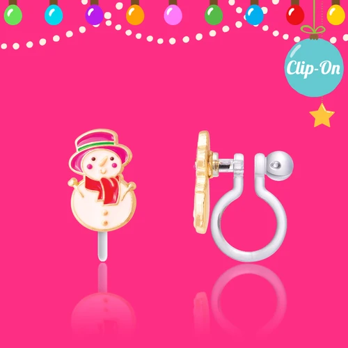 Girl Nation snowman clip-on earring showing colorful hand-painted enamel details and flexible silicone clip for non-pierced ears