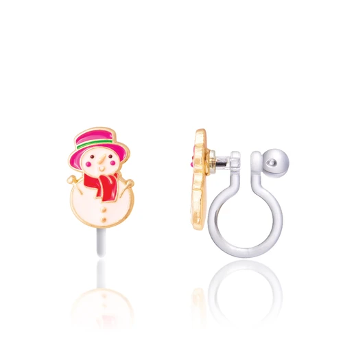 Front and side views of Girl Nation snowman clip-on earring showing hand-painted enamel details and transparent silicone clip for non-pierced ears