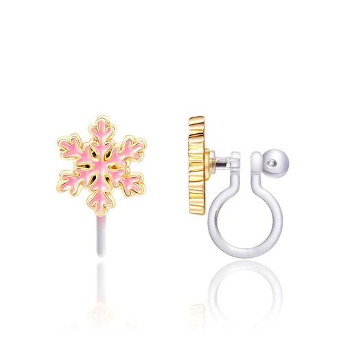 Front and side views of Girl Nation pink snowflake clip-on earring showing gold-tone edging and flexible silicone clip for non-pierced ears