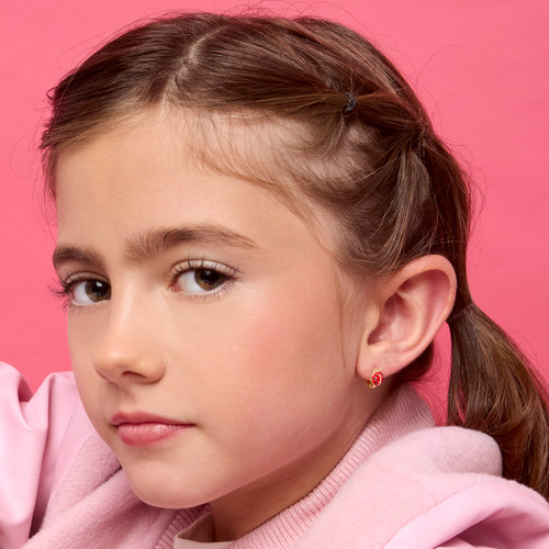 Ladybug Huggie Earrings on Model Ladybug Huggie Earrings on Model