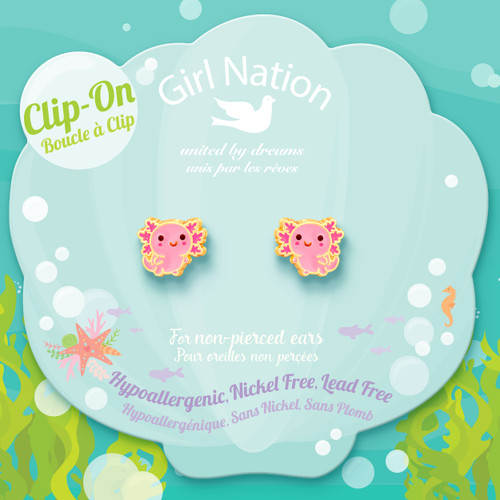 Axolotl Clip On Earrings on Card
