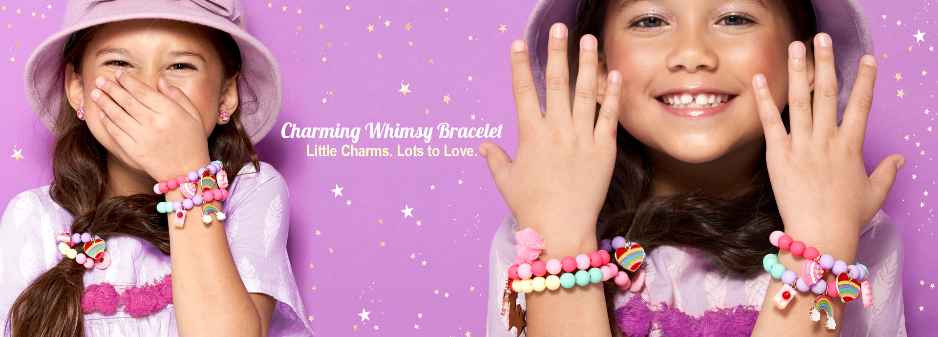 Girl wearing colorful Girl Nation Charming Whimsy charm bracelets