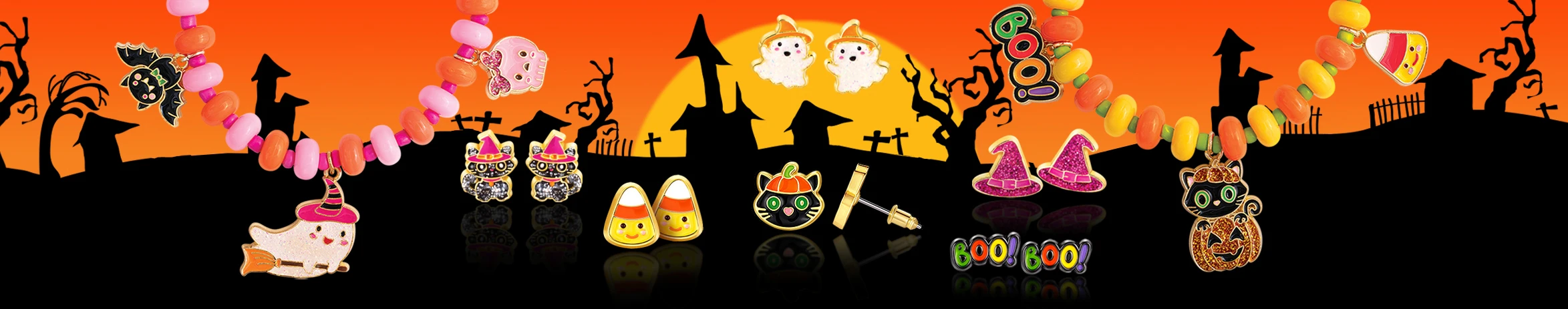 Girl Nation Halloween jewelry for girls with earrings, clip-on earrings and bracelets