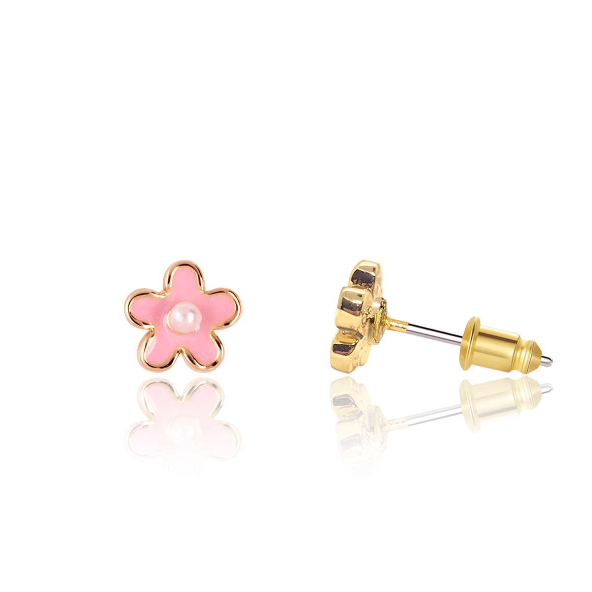 Pink Flower 14K Gold Screw Back Earrings for Girls Children Women - Dainty Pink CZ Floral Studs for Toddlers, Minimalist Everyday Jewelry