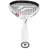 Carboflex NEO 135 racquet from the grip end, showing the Tecnifibre logo butt cap and open-throat frame
