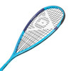 Dunlop FX 130 squash racquet head, angled close view showing the cyan frame and string bed