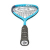 Dunlop FX 130 squash racquet viewed from the grip end, showing the Dunlop butt cap and cyan frame