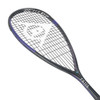 Dunlop FX 115 squash racquet, angled view of the head with Dunlop logo strings and black frame
