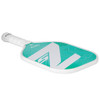 Close-up of the Onix Z5 Mod V2 paddle's top corner showing the mint green face and edge guard