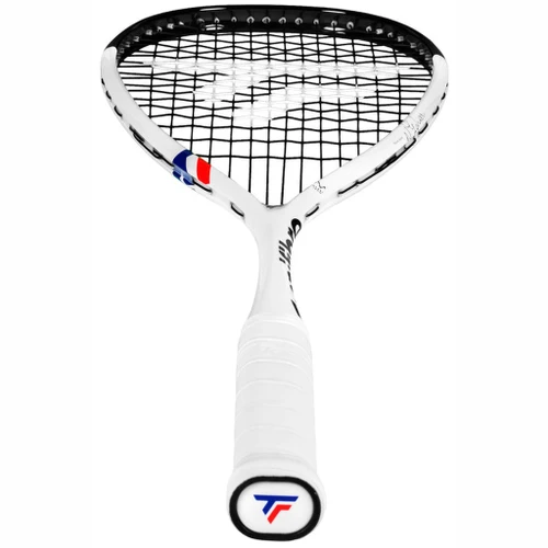 Close-up of the Tecnifibre Carboflex NEO 120 racquet throat and grip cap showing the TF logo