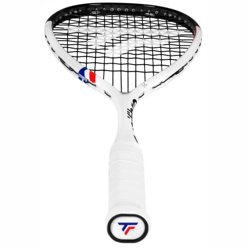 Carboflex NEO 135 racquet from the grip end, showing the Tecnifibre logo butt cap and open-throat frame