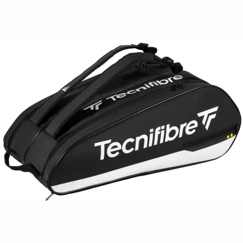 Tecnifibre NEO Tour Endurance 12 racquet bag in black with white markings, showing the carry straps and yellow ball dots
