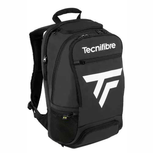 Tecnifibre NEO Tour Endurance backpack in black with a large white Tecnifibre logo, showing the front and side pockets