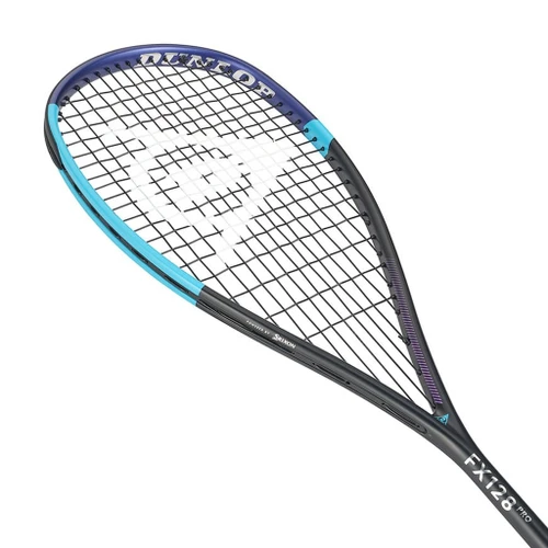 Dunlop FX 128 Pro squash racquet, angled view of the head and string bed with cyan accents