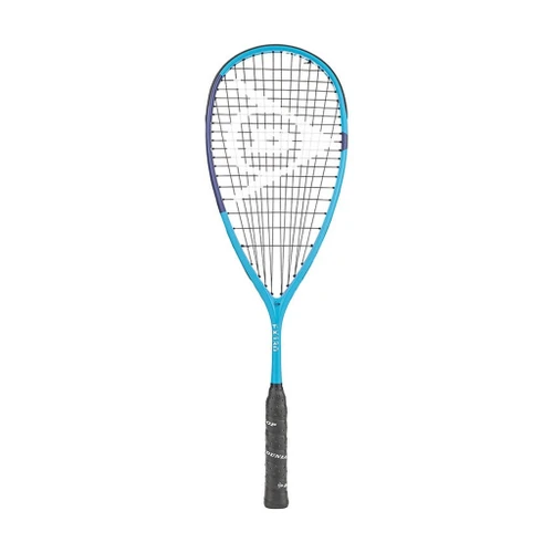 Dunlop FX 130 squash racquet, full-length front view in bright cyan blue with a dark head trim
