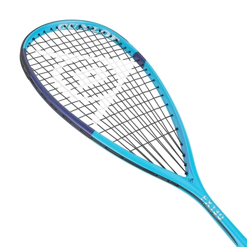 Dunlop FX 130 squash racquet, angled view of the cyan head with Dunlop logo strings