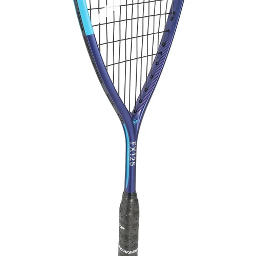Throat of the Dunlop FX 125 squash racquet showing the FX125 branding above the grip