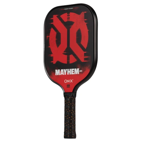 Onix Mayhem pickleball paddle, back view showing the plain black and red Onix wordmark