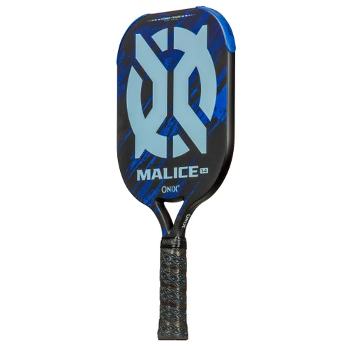 Onix Malice open throat pickleball paddle, back view showing the plain blue Onix wordmark