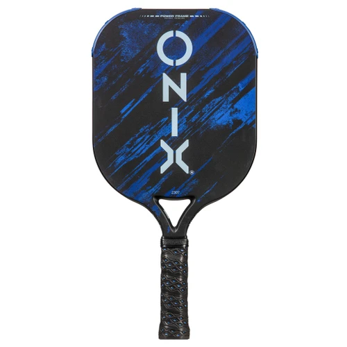 Close-up of the Onix Malice paddle's top corner showing the blue and black face design