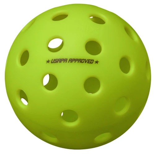 Onix Fuse G2 outdoor pickleball in Neon-Green, close-up studio shot showing the hole pattern and USAPA Approved marking
